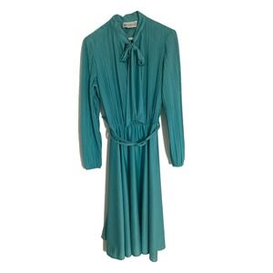 80s Vintage Secretary Librarian Retro Pleated Top Fit and Flare Dress Turoquise